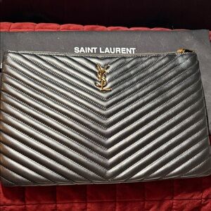 Saint Laurent Black Quilted Leather Wristlet Clutch with Gold YSL Logo